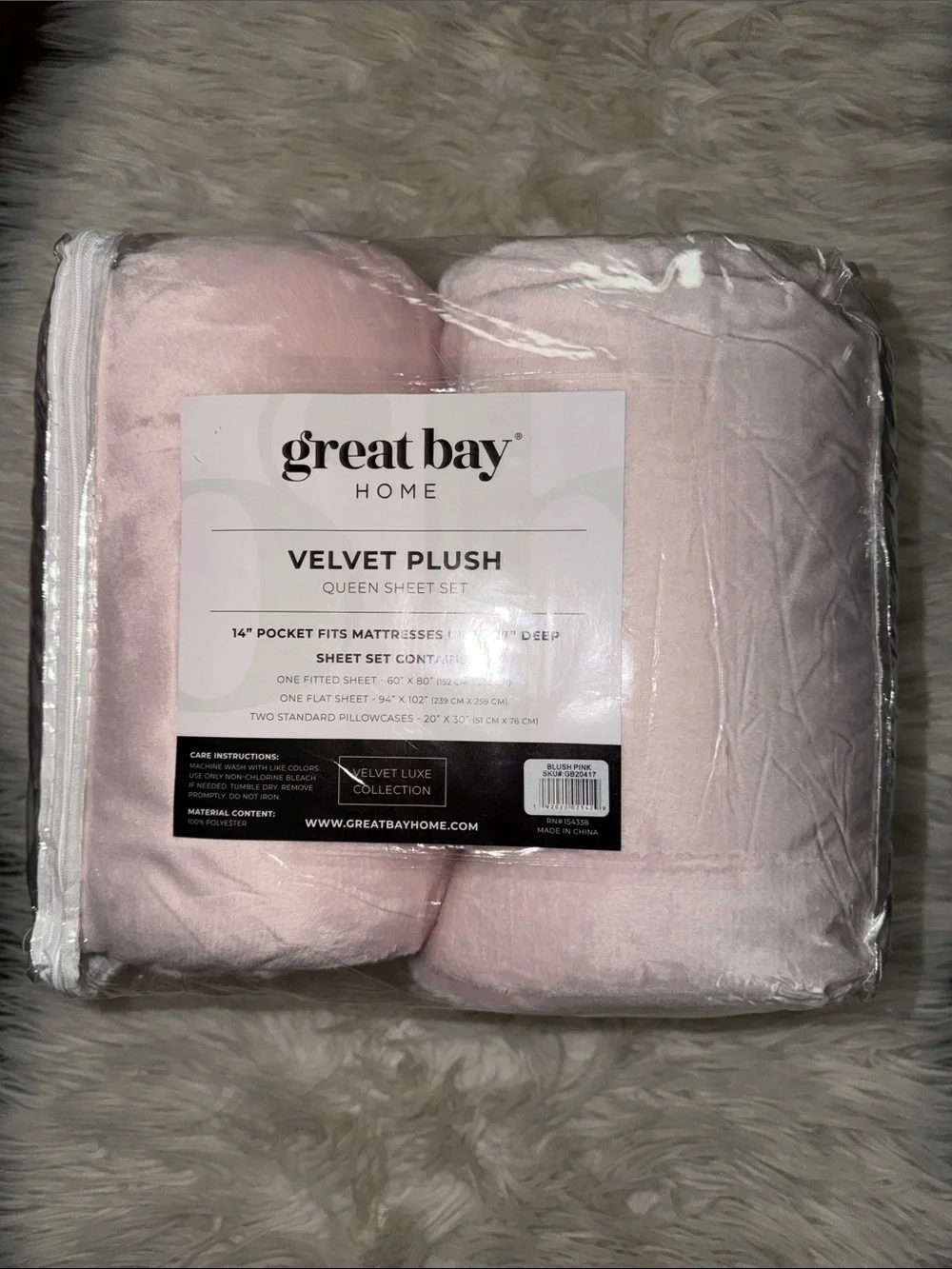 Great Bay Home Velvet Plush Queen Sheet Set - Light Pink